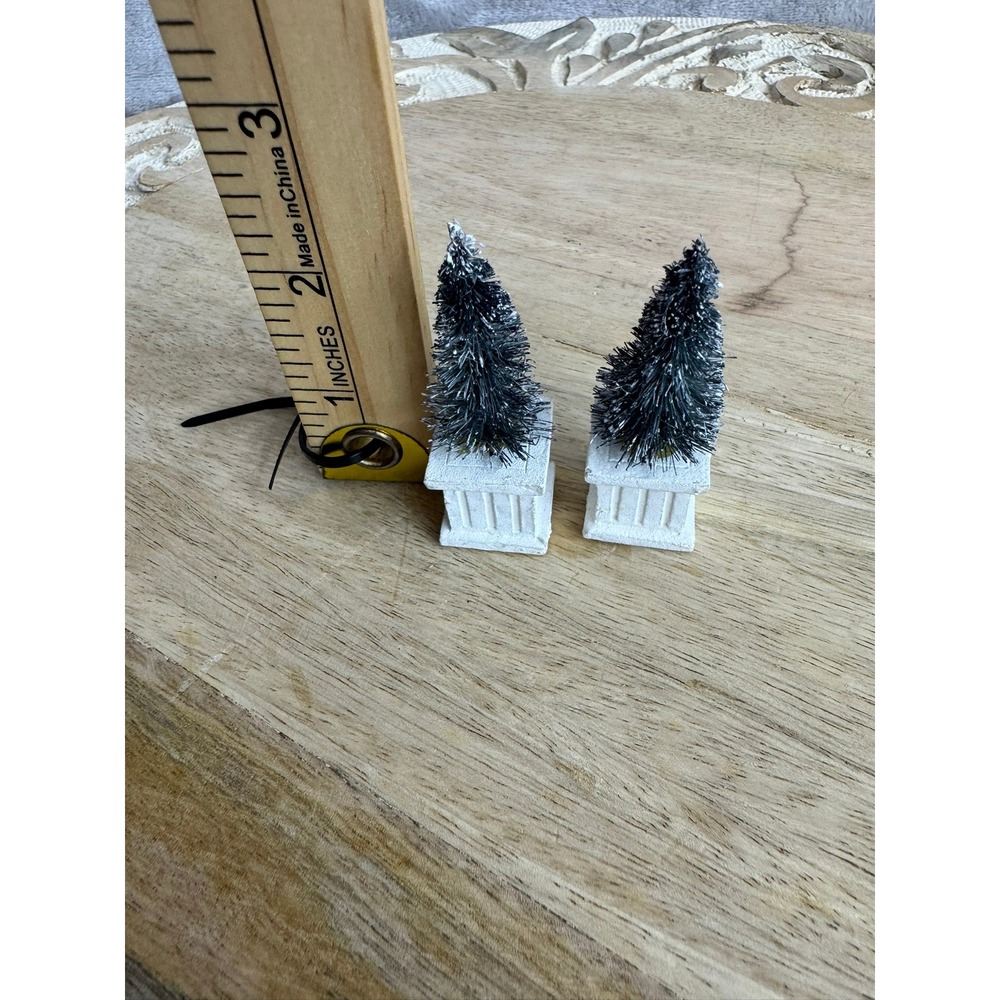 Set of 2 Miniature Black Bottle Brush Christmas Trees on White Pedestal‎ Bases